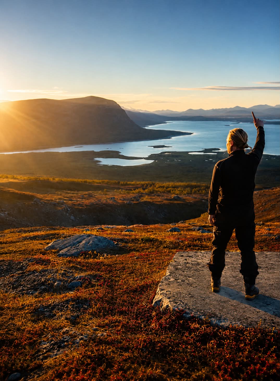 Pointing across a fjord at sunrise